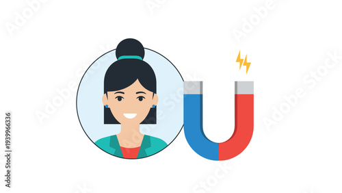 Portrait of a smiling woman in a blue jacket next to a magnet icon representing attraction and customer retention.