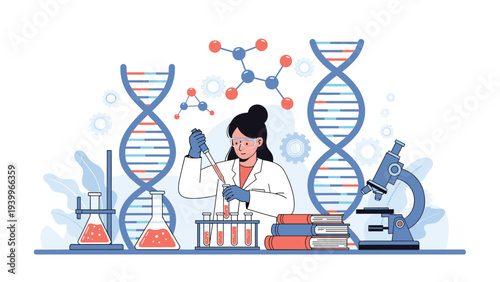 Female scientist in a white coat and safety glasses working in a laboratory with DNA models and chemical equipment.