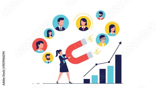 Businesswoman using a large magnet to attract a group of diverse professional profile icons towards a growth chart.