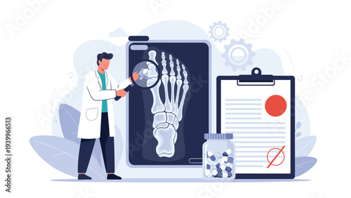 Professional doctor using magnifying glass to examine human foot skeleton x-ray for diagnosis and medical treatment.