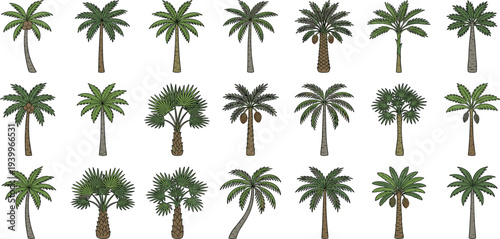 Collection of assorted palm trees and tropical flora illustrated in various poses and sizes