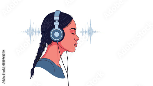 Calm woman with eyes closed listening to music or meditation audio with headphones and visible sound wave patterns.