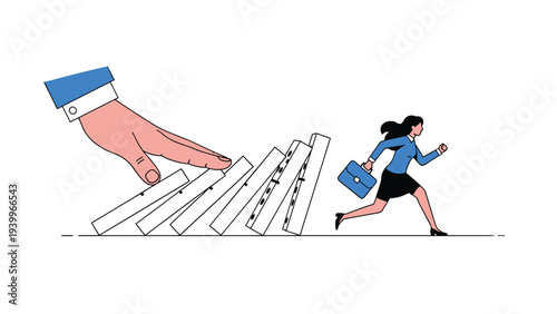 Businesswoman running to avoid falling domino blocks pushed by a large hand representing risk and chain reaction.