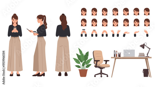 Female character kit with different views poses and expressions for creating business and lifestyle design assets.