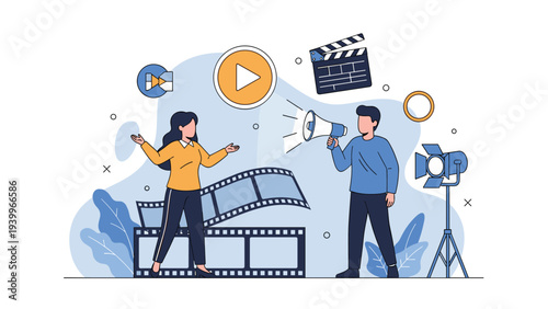 Film director with megaphone giving instructions to actress on movie set with camera lights and film strip background.