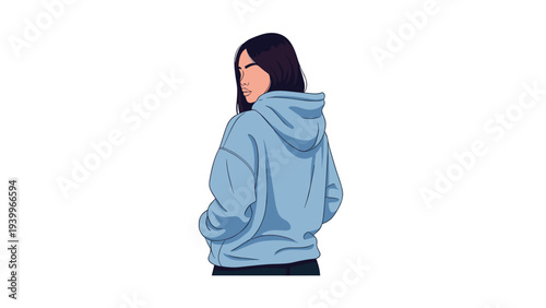 Back view illustration of a woman wearing casual blue oversized hoodie looking over her shoulder with dark hair.