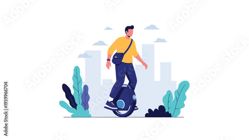 Modern man commuting through the city on an electric unicycle past buildings and green bushes for eco travel.
