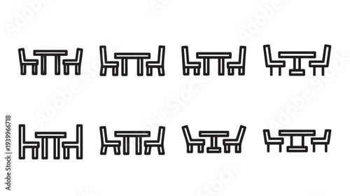 Set of 8 Table and Chair Icons Simple Line Art Isolated on White Multiple Configurations