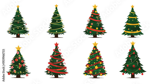 Collection of eight diverse decorated Christmas trees with stars ornaments lights and ribbons for holiday designs.