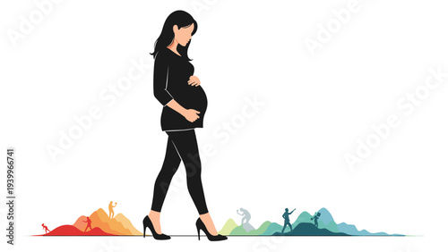Conceptual illustration showing a pregnant woman walking with colorful silhouettes of human evolution in background.