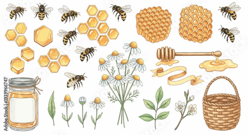 Watercolor illustration of bees honeycombs flowers and honey jar