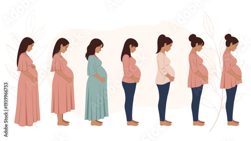 Diverse group of seven pregnant women showing different stages of pregnancy in various stylish maternity clothes.