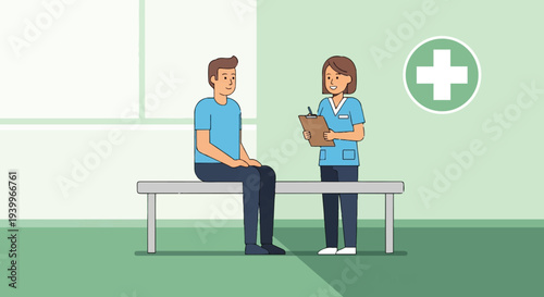 Doctor and patient consulting in examination room with medical cross symbol