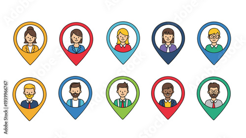 Set of ten diverse male and female professional icons placed inside colorful location pin markers for global maps.