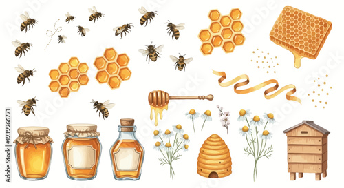 Watercolor illustration of bees honeycombs honey and beehive elements