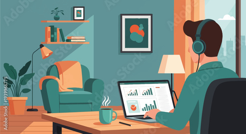 Freelancer working from home on laptop with financial charts in cozy modern living room area