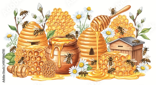 Watercolor illustration of bees honeycombs honey and flowers