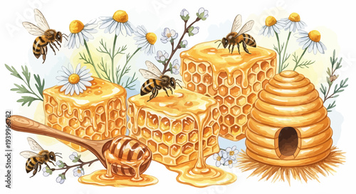 Watercolor illustration of bees honeycombs honey and flowers for design