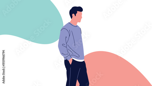 Young man in casual clothes standing thoughtfully against a minimalist background featuring colorful abstract organic shapes.