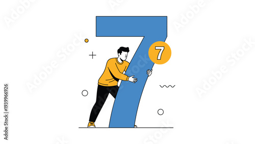 Young man leaning casually against a giant number seven representing a milestone, anniversary, or specific ranking.