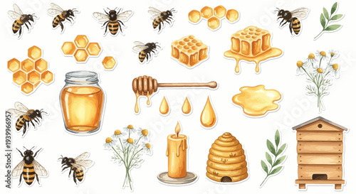 Watercolor illustration of honey and bees collection for design elements