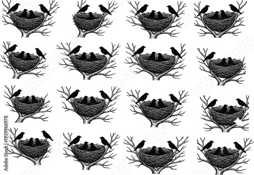 Black silhouette vector illustration of group of people walking in single file line past dead tree representing migration apocalypse survival wandering and social issues