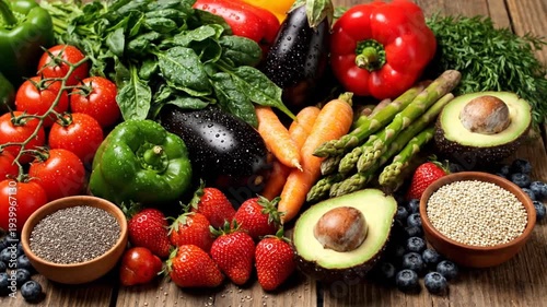 A vibrant and nutritious assortment of fresh fruits, vegetables, and superfoods, promoting a wholesome diet and healthy lifestyle for enhanced well-being