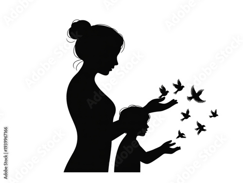Silhouette of a mother and child releasing birds, vector illustration representing freedom love and parenting concepts