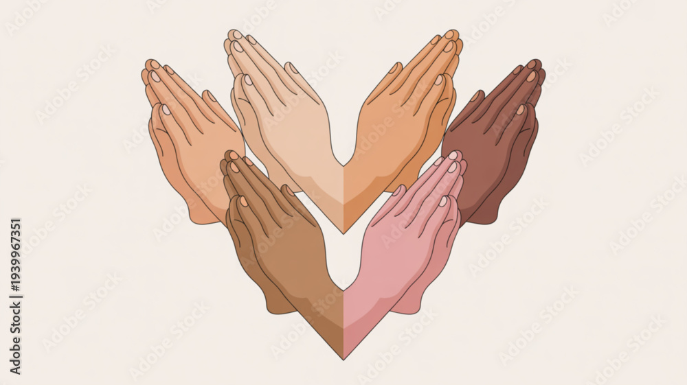 Fototapeta premium Diverse hands in prayer gesture forming a circle on beige background symbolizing unity and solidarity