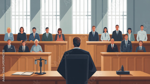 Judge presiding over a courtroom with lawyers and jurors legal proceedings in session justice and law concept