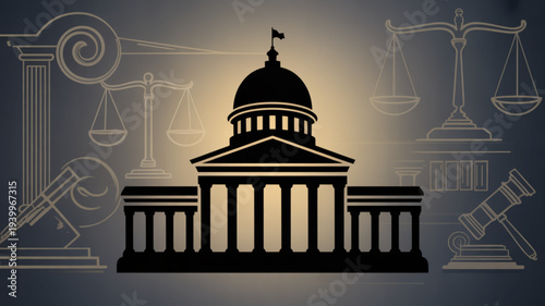 Black silhouette of a courthouse with columns and dome against a dark background with legal symbols
