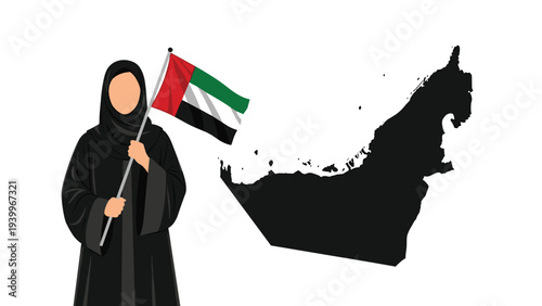 Proud emirati woman wearing a black abaya holds the united arab emirates flag beside a black silhouette map of her country.