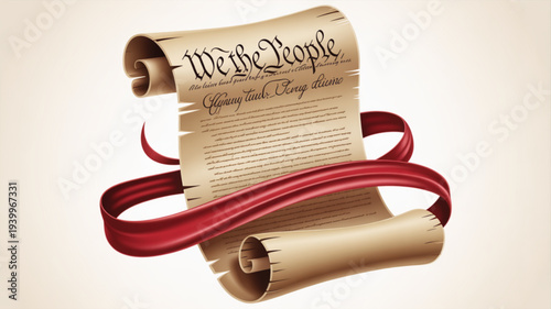 Vintage parchment of the us constitution with red ribbon on white background symbolizing freedom and democracy