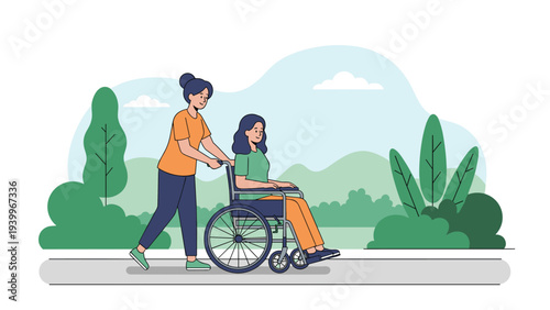 Helpful young woman pushes her friend in a wheelchair through a peaceful green park with mountains and trees in the distance.