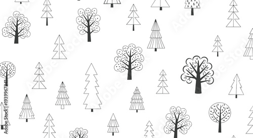 Seamless pattern of various stylized black and white hand drawn trees creating a minimal forest or woodland aesthetic design.