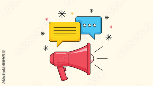 Red megaphone illustration surrounded by yellow and blue speech bubbles and decorative stars representing communication and marketing.