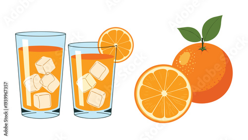 Refreshing glasses of orange juice with ice cubes sit next to a whole orange and a fresh slice on a clean white background.