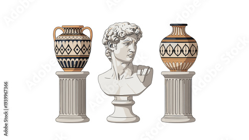 Classical greek style bust of a man is flanked by two decorative ancient urns resting on marble pedestals against a white backdrop.