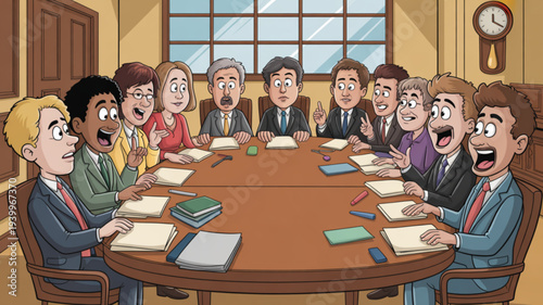 Business team in a meeting with shocked expressions sitting around a large wooden conference table