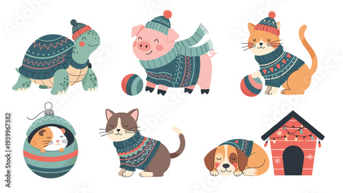 Collection of cute illustrated animals including cats a dog and a pig wearing cozy patterned winter sweaters and warm hats.