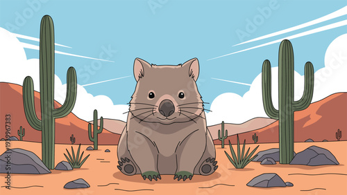 Adorable cartoon wombat sits peacefully in a desert landscape surrounded by saguaro cacti and rocky mountains under a blue sky.