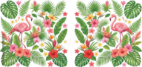Tropical flamingos surrounded by lush greenery and vibrant flowers in a repeating pattern