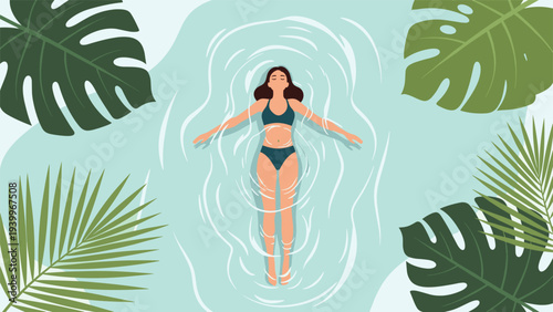 Beautiful young woman floats peacefully on her back in a calm swimming pool framed by large green tropical monstera and palm leaves.