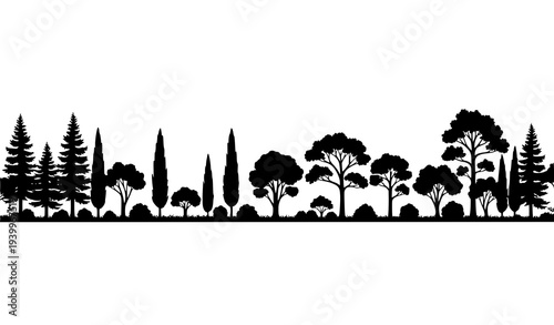 Panoramic forest silhouette border with mixed woodland trees vector isolated on white background