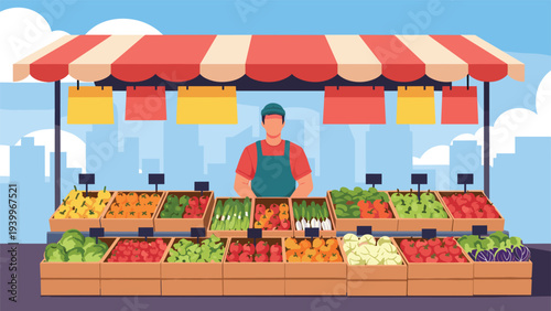 Local market vendor stands proudly behind a large stall filled with crates of fresh colorful vegetables and fruits in the city.