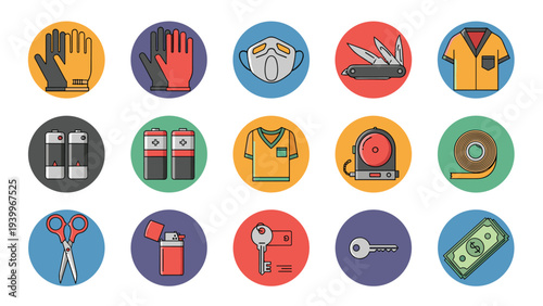 Comprehensive set of circular safety and utility icons featuring gloves a mask tools batteries and emergency equipment for work.