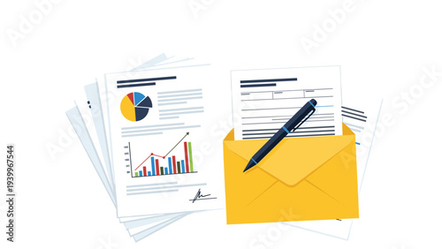 Stack of business documents with colorful data charts and a black pen resting on a yellow envelope representing office work.