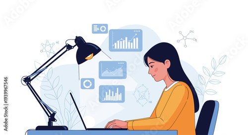 Focused young woman working on her laptop at a desk with a lamp and data charts visible in the background of her home office.