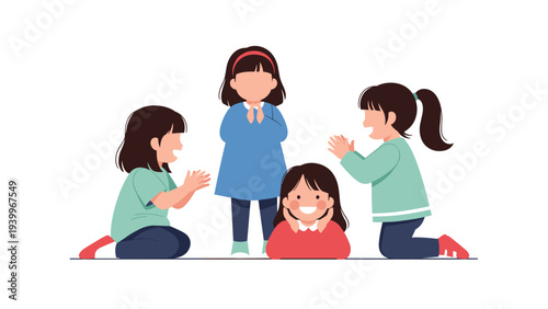 Group of happy young girls in colorful outfits sit and stand together while clapping and laughing in a friendly social setting.