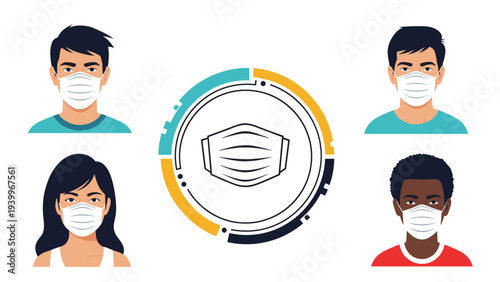 Four people from different backgrounds wear protective surgical masks around a central circular icon of a face mask for health awareness.